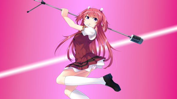Anime picture 1280x720 with shirogane x spirits! giga nijioka lili kino (kino konomi) single long hair looking at viewer fringe open mouth light erotic wide image twintails purple eyes holding game cg red hair short twintails pink background girl skirt