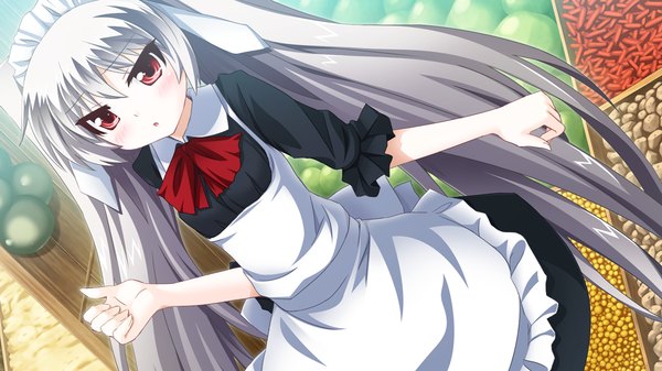 Anime picture 1280x720 with sangoku hime unicorn-a long hair red eyes wide image twintails game cg grey hair maid loli girl headdress maid headdress apron