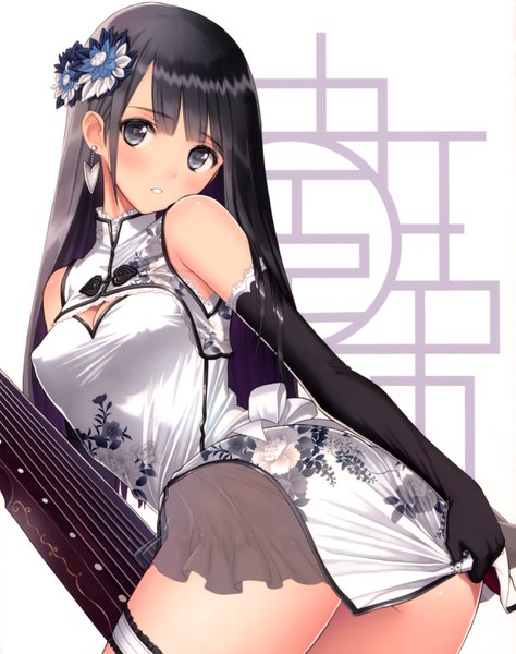 Anime picture 4931x6240 with tony taka single long hair tall image looking at viewer blush highres light erotic black hair absurdres traditional clothes black eyes chinese clothes girl gloves hair ornament black gloves elbow gloves chinese dress