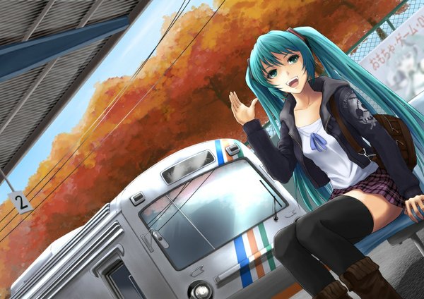 Anime picture 1023x723 with vocaloid hatsune miku din (raiden) single open mouth sitting twintails very long hair aqua hair open clothes open jacket zettai ryouiki girl thighhighs skirt black thighhighs miniskirt bag train train station