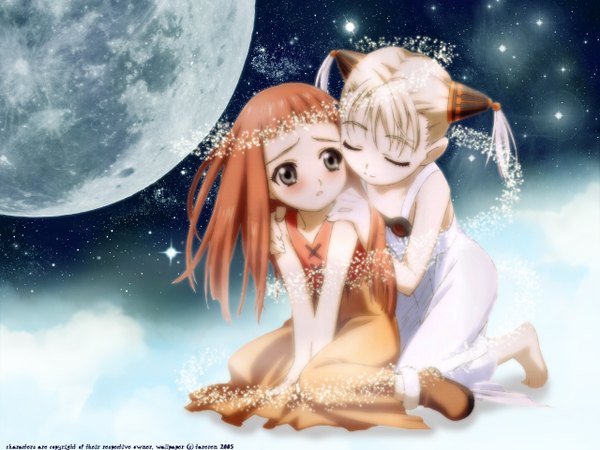 Anime picture 1280x960 with last exile gonzo lavie head alvis hamilton range murata tareren long hair blonde hair sitting multiple girls signed eyes closed parted lips orange hair grey eyes wariza third-party edit space hand on shoulder girl