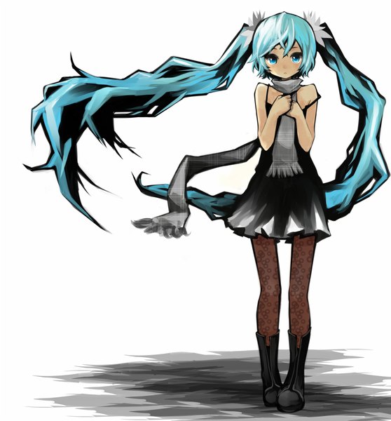 Anime picture 1000x1075 with vocaloid hatsune miku morina nao single long hair tall image looking at viewer blush blue eyes simple background standing white background twintails bare shoulders wind aqua hair off shoulder girl pantyhose scarf