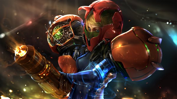 Anime picture 1920x1080 with metroid samus aran wen-jr single long hair highres blue eyes blonde hair wide image realistic shot girl weapon gun varia suit