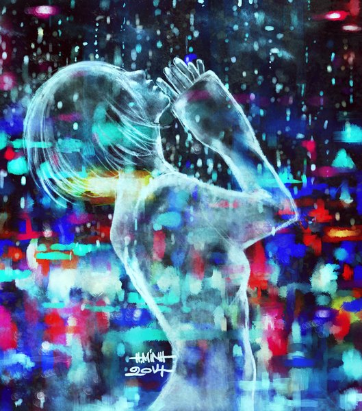 Anime picture 1500x1700 with original nanfe single tall image short hair standing looking up rain city lights transparent girl