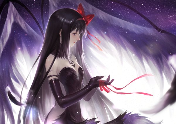 Anime picture 1400x990 with mahou shoujo madoka magica shaft (studio) akemi homura akuma homura yew5fish single long hair black hair purple eyes looking away sky magical girl girl dress gloves ribbon (ribbons) hair ribbon wings black gloves elbow gloves