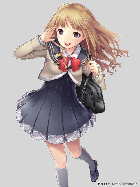 Anime picture 640x853 with ilog etou risa occhan single long hair tall image looking at viewer fringe open mouth blonde hair simple background smile brown eyes grey background leg lift (legs lift) salute girl uniform hair ornament school uniform