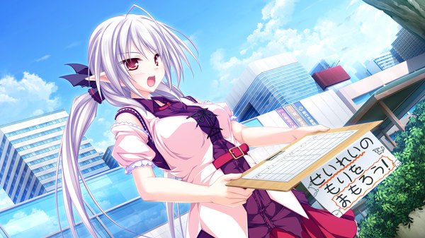 Anime picture 1920x1080 with maikaze no melt suzu (suzukaze no melt) tenmaso long hair highres open mouth red eyes wide image twintails game cg white hair pointy ears girl