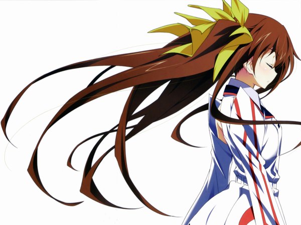 Anime picture 4000x3000 with infinite stratos 8bit fang linyin single long hair blush highres simple background brown hair white background twintails absurdres eyes closed profile scan girl bow hair bow detached sleeves