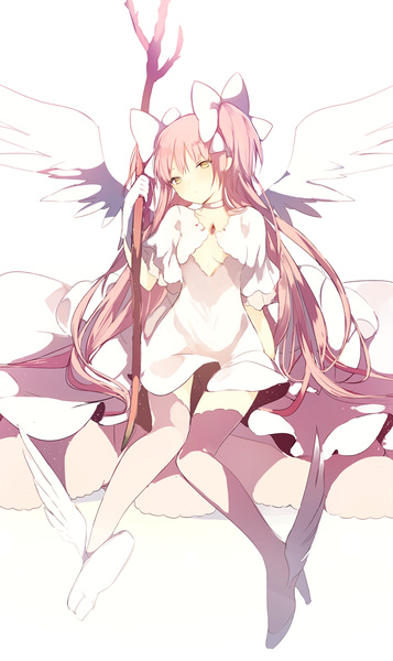 Anime picture 674x1133 with mahou shoujo madoka magica shaft (studio) kaname madoka goddess madoka lpip single long hair tall image simple background white background sitting twintails holding yellow eyes pink hair full body bent knee (knees) head tilt high heels short twintails