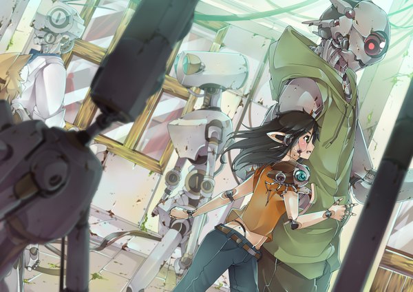 Anime picture 4092x2893 with original sinlaire long hair highres open mouth blue eyes black hair red eyes standing bare shoulders green eyes absurdres profile pointy ears girl belt t-shirt jeans robot