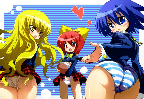 Anime picture 1200x825 with needless madhouse mio (needless) setsuna (needless) kuchinashi (needless) long hair blush short hair open mouth light erotic blonde hair multiple girls blue hair ass red hair looking back pantyshot striped striped background girl