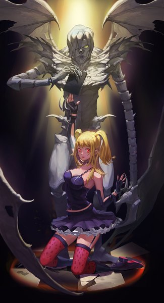 Anime picture 900x1661 with death note madhouse amane misa rem (death note) san yu pian long hair tall image looking at viewer fringe short hair breasts open mouth blonde hair smile red eyes standing twintails bare shoulders holding yellow eyes