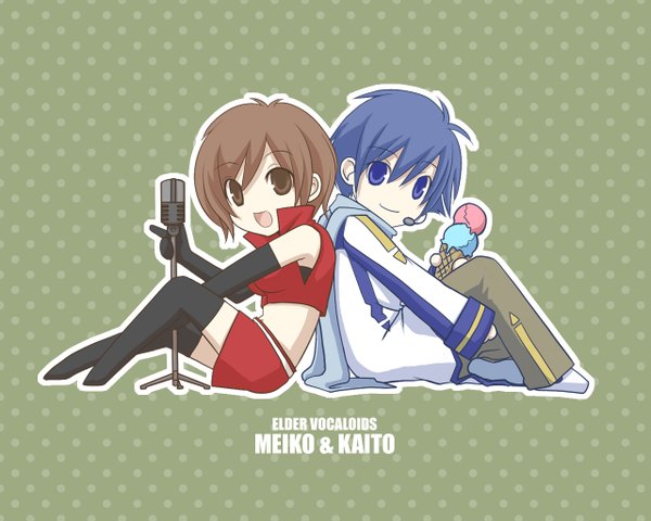 Anime picture 1280x1024 with vocaloid kaito (vocaloid) meiko tomo-graphy short hair open mouth blue eyes brown hair sitting brown eyes blue hair full body midriff wallpaper character names chibi polka dot back to back green background polka dot background