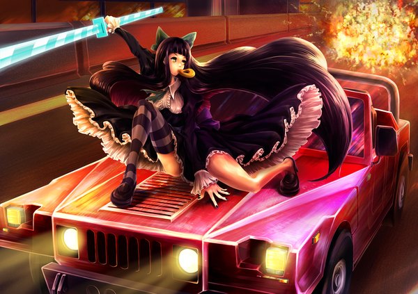 Anime picture 2200x1553 with panty & stocking with garterbelt anarchy stocking minusion long hair highres green eyes purple hair very long hair nail polish mouth hold explosion girl thighhighs dress bow weapon hair bow sword striped thighhighs ground vehicle