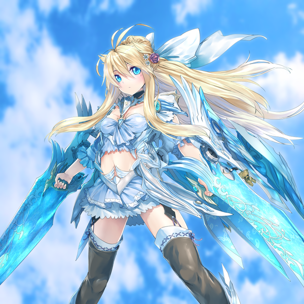 Anime picture 875x875 with original kyougoku touya single long hair blush fringe breasts blue eyes blonde hair standing holding sky cloud (clouds) ahoge hair flower wind hair bun (hair buns) zettai ryouiki glowing weapon girl