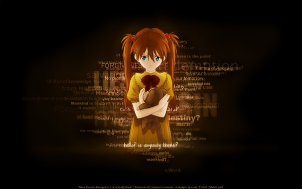 Anime picture 1920x1200 with neon genesis evangelion gainax soryu asuka langley single long hair highres blue eyes wide image twintails signed red hair inscription hug girl hair ornament bow toy stuffed animal hair tie child (children)