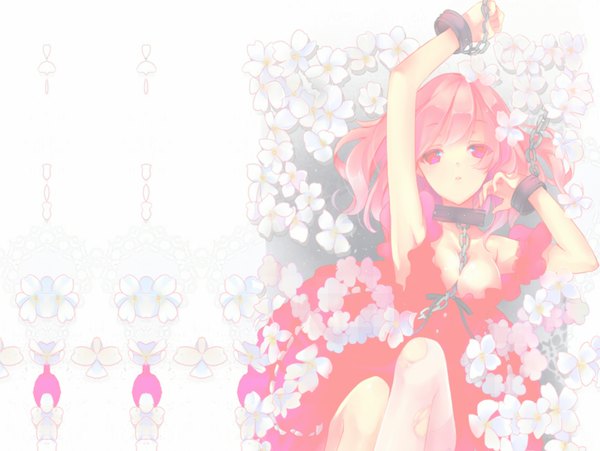 Anime picture 1700x1280 with inu x boku ss david production roromiya karuta 041 single long hair looking at viewer light erotic simple background white background pink hair lying pink eyes girl thighhighs dress flower (flowers) chain collar red dress