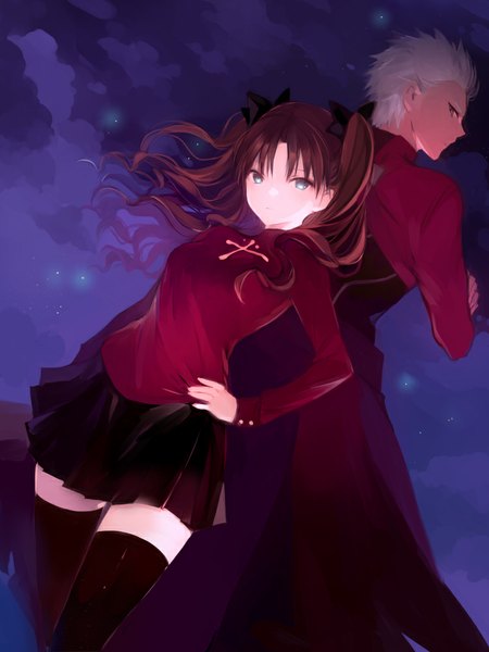 Anime picture 750x1000 with fate (series) fate/stay night type-moon toosaka rin archer (fate) lpip long hair tall image looking at viewer fringe short hair breasts blue eyes brown hair standing sky cloud (clouds) outdoors white hair pleated skirt