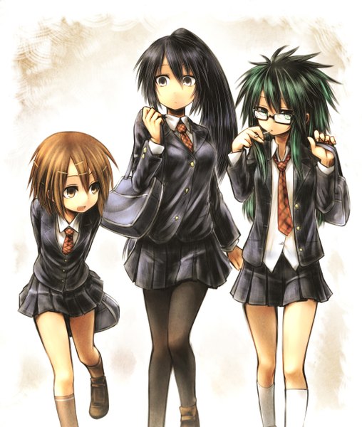 Anime picture 2203x2600 with original chankodining waka long hair tall image highres short hair black hair brown hair multiple girls brown eyes green eyes ponytail green hair black eyes girl skirt miniskirt glasses serafuku 3 girls