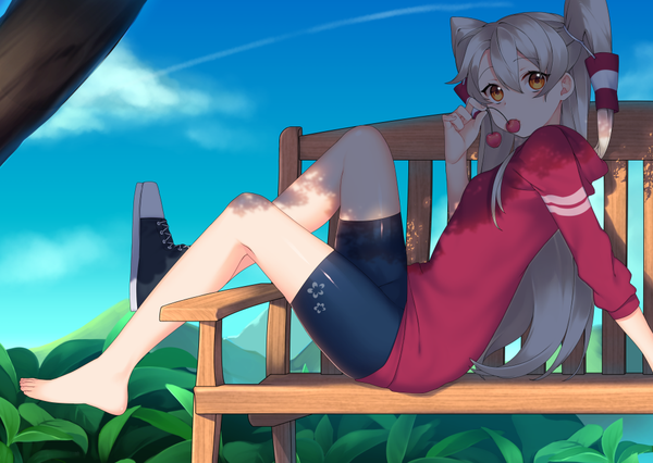Anime picture 1020x725 with kantai collection amatsukaze destroyer lio (rumei2265874644) single long hair fringe hair between eyes sitting holding sky silver hair cloud (clouds) bent knee (knees) outdoors barefoot arm support orange eyes two side up alternate costume eating