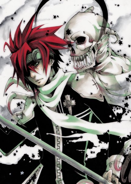 Anime picture 1144x1600 with d.gray-man lavi xmenoux single tall image short hair green eyes red hair skeleton boy sword scarf eyepatch medal