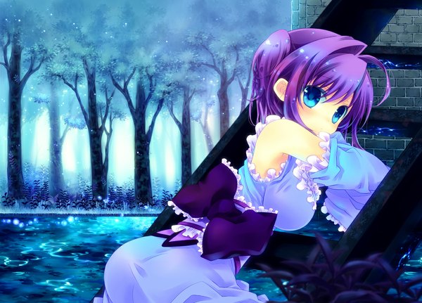 Anime picture 1104x794 with original konno kengo single short hair blue eyes purple hair loli girl dress bow plant (plants) tree (trees) stairs