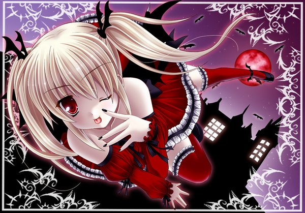 Anime picture 1000x699 with original kirihara natsuki single long hair looking at viewer blonde hair red eyes twintails one eye closed wink :p red moon akanbe girl thighhighs dress detached sleeves wings