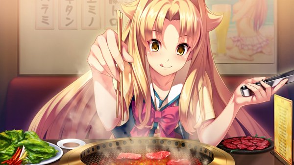 Anime picture 1024x576 with d-eve in you yusa shoko long hair blonde hair wide image yellow eyes game cg girl food meat yakiniku (food)
