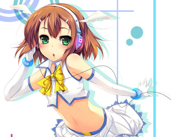 Anime picture 1024x819 with baka to test to shoukanjuu silver link kinoshita hideyoshi single blush short hair brown hair green eyes barefoot otoko no ko boy skirt gloves bow elbow gloves headphones wire (wires)