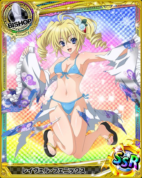 Anime picture 640x800 with highschool dxd ravel phenex single long hair tall image looking at viewer breasts open mouth blue eyes light erotic blonde hair twintails traditional clothes japanese clothes torn clothes drill hair card (medium) girl navel hair ornament
