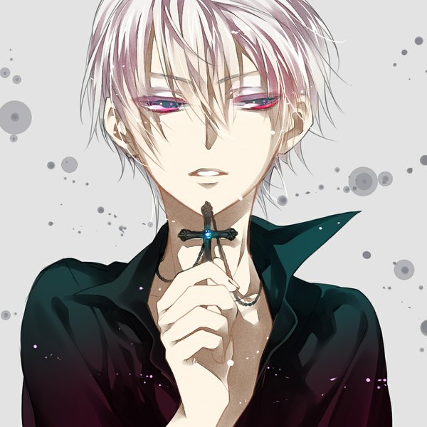 Anime picture 1024x1024 with original tayuya1130 single short hair open mouth white hair pink eyes grey background partially open clothes boy shirt pendant jewelry cross cross necklace black shirt
