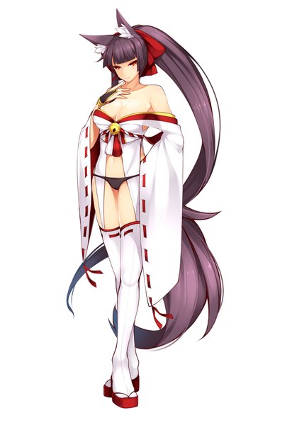 Anime picture 2708x3936 with original dean single long hair tall image looking at viewer highres light erotic red eyes white background animal ears purple hair ponytail tail animal tail girl thighhighs underwear panties white thighhighs