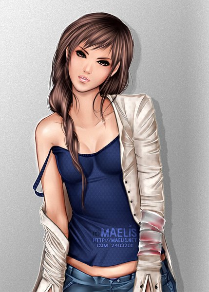 Anime picture 643x900 with original m-aelis single long hair tall image looking at viewer breasts simple background brown hair brown eyes lips girl clothes