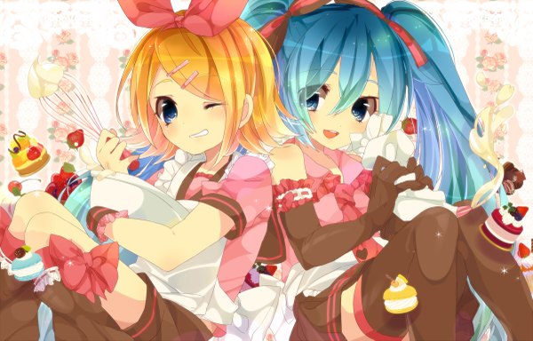 Anime picture 1200x769 with vocaloid hatsune miku kagamine rin hanasaki coa long hair short hair blue eyes blonde hair twintails multiple girls one eye closed wink aqua hair loli cooking girl thighhighs gloves hair ornament bow