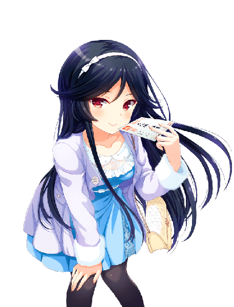 Anime picture 640x840 with girlfriend (kari) kunishiro miyabi single long hair tall image looking at viewer blush fringe breasts black hair smile red eyes holding bent knee (knees) fingernails leaning leaning forward transparent background hand on knee girl