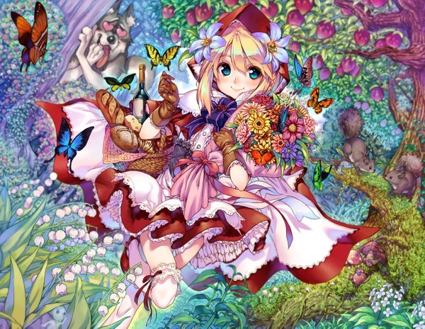 Anime picture 1500x1163 with little red riding hood little red riding hood (character) big bad wolf kink blue eyes blonde hair smile hair flower girl thighhighs gloves hair ornament flower (flowers) plant (plants) animal white thighhighs tree (trees) heart hood insect