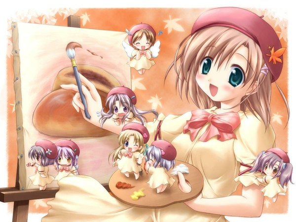 Anime picture 1024x768 with canvas (anime) chibi girl ribbon (ribbons) beret