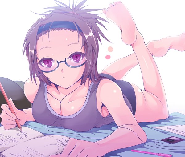 Anime picture 1000x850 with original ipod kasai shin single looking at viewer short hair light erotic brown hair bare shoulders lying pink eyes legs on stomach writing girl underwear panties glasses hairband wire (wires)