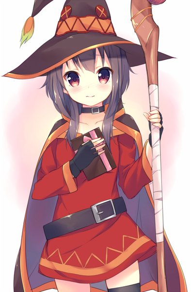 Anime picture 700x1064 with kono subarashii sekai ni shukufuku wo! studio deen megumin mimura zaja single tall image looking at viewer blush fringe short hair black hair simple background red eyes standing payot valentine witch girl thighhighs dress