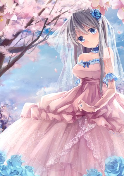 Anime picture 1000x1414 with clannad key (studio) sakagami tomoyo tsukimiya kamiko single long hair tall image blue eyes silver hair hair flower cherry blossoms girl dress gloves hair ornament flower (flowers) petals elbow gloves