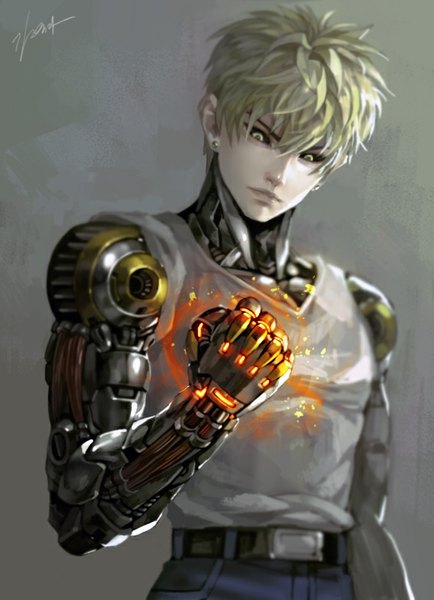 Anime picture 579x800 with one-punch man madhouse genos kim yura (goddess mechanic) single tall image fringe short hair simple background blonde hair standing signed grey background glowing looking down mechanical arms black sclera superhero boy earrings