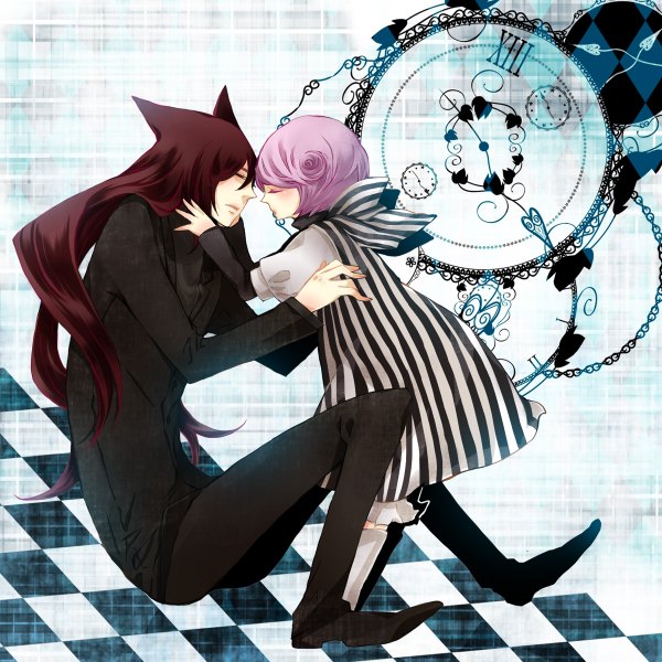 Anime picture 1200x1200 with are you alice cheshire cat (are you alice) duchess (are you alice) long hair short hair brown hair sitting animal ears pink hair eyes closed profile cat ears couple hug striped face to face checkered floor girl dress boy