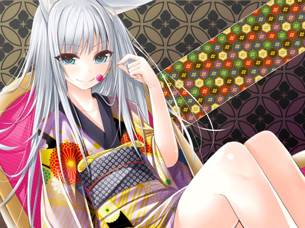 Anime picture 3200x2400 with original tanakahazime (artist) single long hair looking at viewer blush highres blue eyes smile animal ears absurdres white hair traditional clothes japanese clothes girl food sweets kimono obi candy
