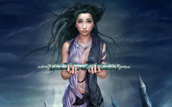 Anime picture 2560x1600 with original tang yuehui single long hair highres wide image cloud (clouds) green hair torn clothes rock cropped girl navel