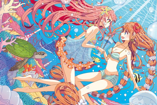 Anime picture 1300x873 with original tirori (color crew) long hair open mouth blue eyes brown hair twintails multiple girls pink hair very long hair profile hair flower underwater girl dress hair ornament flower (flowers) 2 girls swimsuit bikini