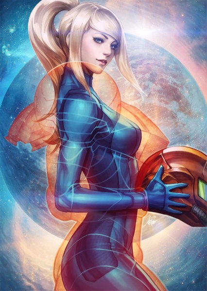 Anime picture 853x1200 with metroid samus aran artgerm (stanley lau) single long hair tall image looking at viewer fringe breasts blue eyes blonde hair smile standing holding upper body lips sunlight realistic arched back girl