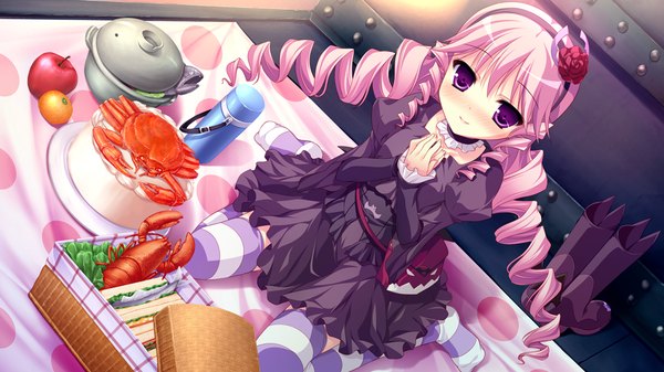 Anime picture 1024x576 with kouyoku no soleil skyfish (studio) long hair blush wide image purple eyes twintails pink hair game cg loli drill hair girl thighhighs dress food hairband striped thighhighs obento
