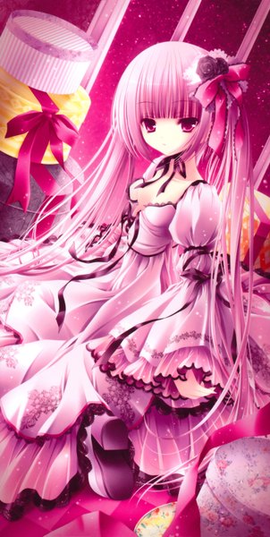 Anime picture 3200x6350 with original tinker bell long hair tall image highres red eyes pink hair absurdres loli lolita fashion girl dress hair ornament frills gift