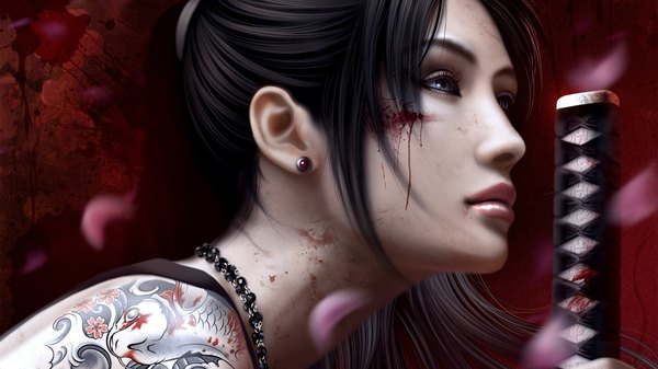 Anime picture 1920x1080 with mario wibisono (raynkazuya) single long hair highres black hair wide image brown eyes profile realistic tattoo 3d girl petals sword katana blood jewelry