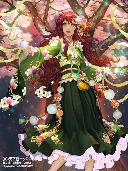 Anime picture 744x992 with original xiaji single long hair tall image open mouth brown hair yellow eyes traditional clothes japanese clothes hair flower girl hair ornament flower (flowers) plant (plants) tree (trees) kimono